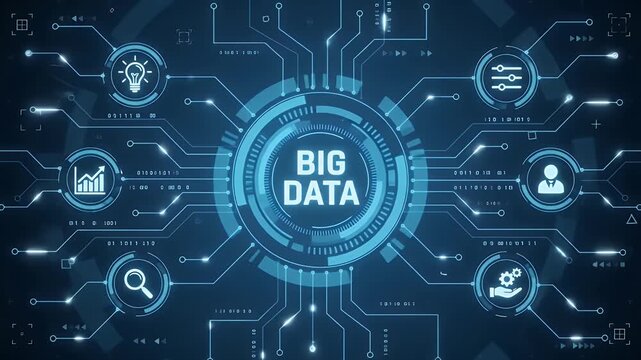 Big data digital interface with glowing network connections and icons