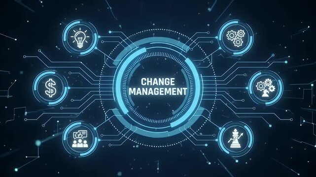 Change management digital interface with glowing business icons and network