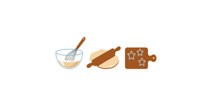 Three baking icons with whisk bowl dough rolling pin and cookie cutter board for culinary recipes or kitchen art work.