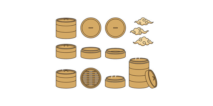 Dim sum steamer basket collection featuring traditional bamboo cooking containers and stylized clouds for asian cuisine.