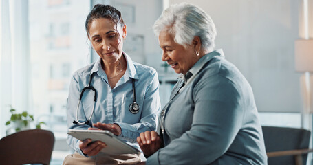 Tablet, doctor and consulting with old woman in hospital for healthcare, online report and checkup....