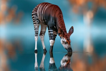 Naklejka premium Okapi drinking water in reflection