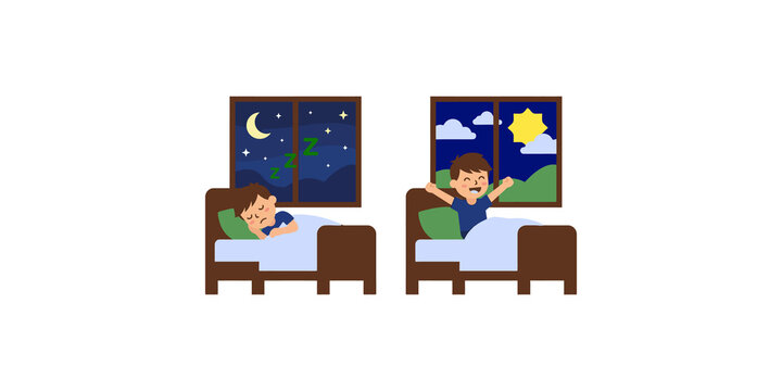 Sleep cycle boy character with night day window scenes showing bedtime routine concepts for educational visual charts.
