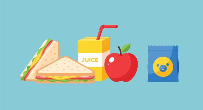 Packed lunch with juice box, apple, and snack bag on blue background.
