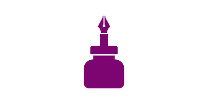 Purple ink bottle with fountain pen nib icon for writing and office.
