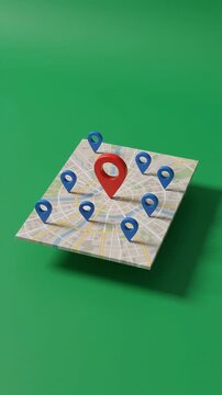 Floating 3D city map with multiple location pin icons on green screen background and modern digital navigation concept.