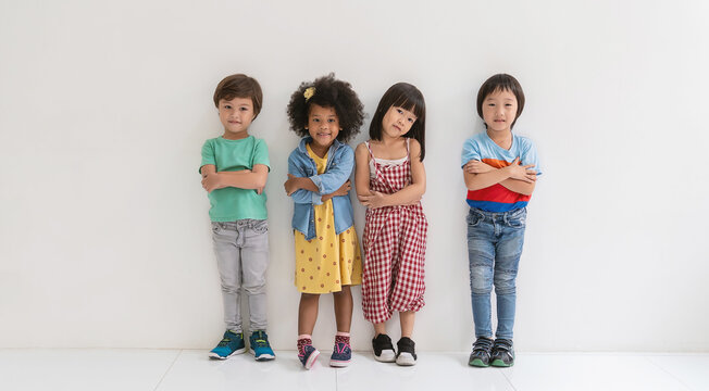 Portrait of four asian black caucasian children stand in classroom, asian caucasian children student together in school . Home school education diversity multicultural community. Back to school