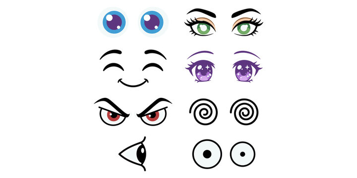 Variety of cartoon eyes and facial expressions for character design and animation projects.