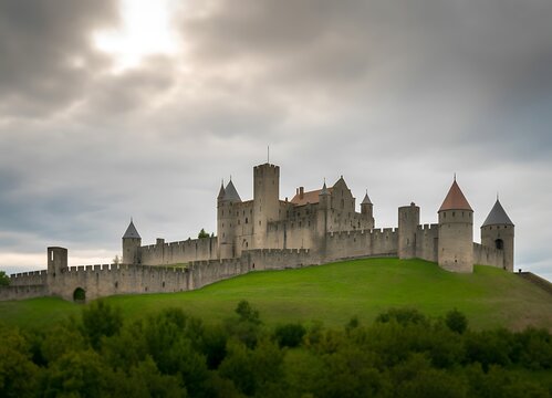 Medieval castle stands proudly upon a lush green hill at sunset time.