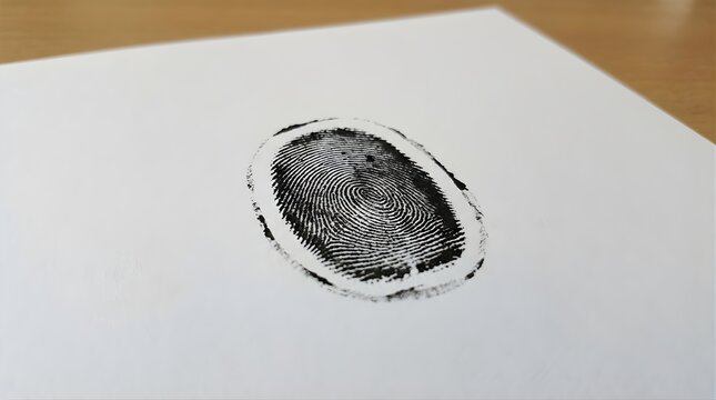 Black ink fingerprint stamped on white paper for biometric security