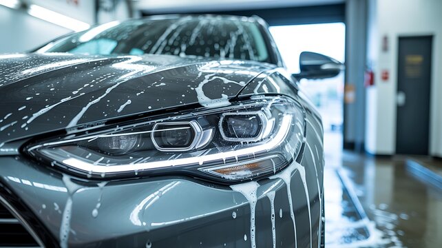 Close up of modern luxury grey car hood and LED headlight covered in soapy foam inside an automated car wash bay