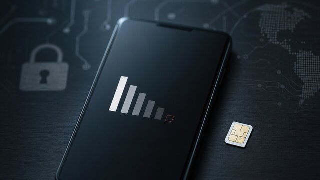 SIM swap attack concept with smartphone and exposed card against cybersecurity graphics
