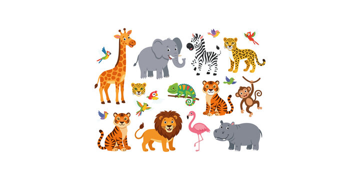 Wild zoo animal collection with cute giraffe elephant lion tiger monkey and exotic birds for children education design.