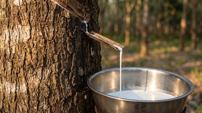 Agricultural harvesting process of liquid rubber sap from a mature rubber tree trunk.