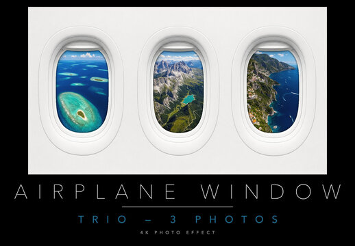 Airplane Window Trio Photo Frame - 3 Plane Porthole Aerial Views, Daylight Cabin