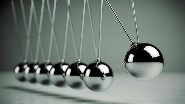 Close-up of Newton's cradle with metallic sphere pendulum swinging in motion against a soft gray background