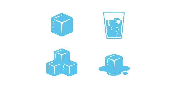 Ice cubes and cold drink beverage icons in blue colors representing frozen water refreshment concepts for summer menu.