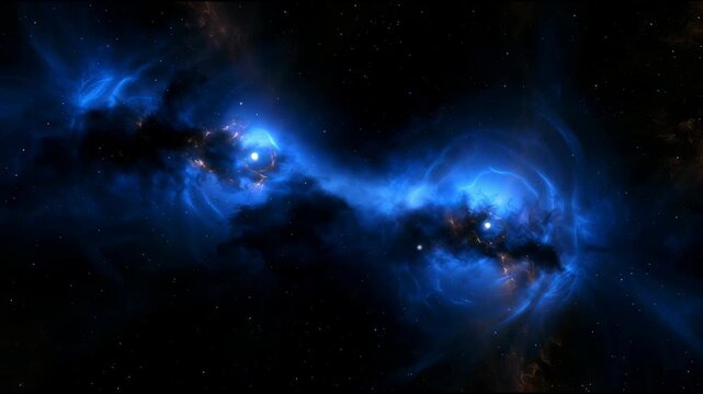 Two stars move around each other with a glowing gas bridge visible in the background of space. Watch as they interact in the cosmos.