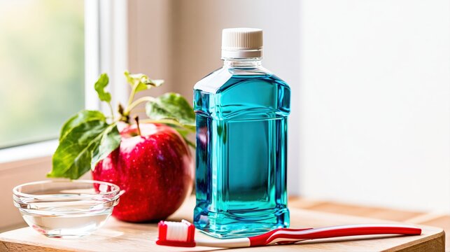 Fresh blue mouthwash apple toothbrush brush toothpaste