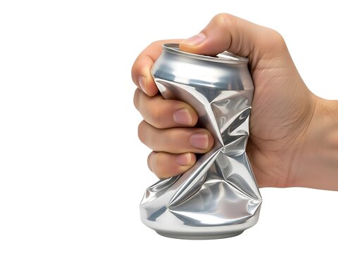 Human hand crushing a silver aluminum soda can on a clean white background