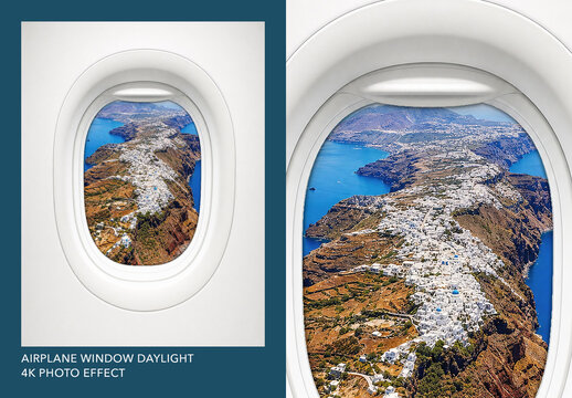 Airplane Window Photo Frame - Plane Porthole Aerial View, Bright Daylight Cabin