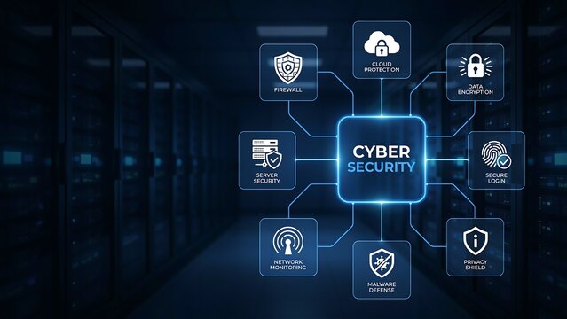 Cyber security network dashboard displaying server protection cloud firewall malware defense and biometric login icons on dark digital server room background interface.