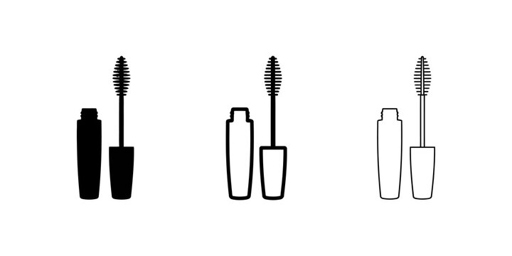 Mascara tube and brush flat icon set for makeup and beauty industry art.