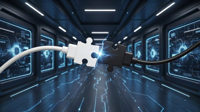 Abstract conceptual image showing white and black puzzle piece electrical plugs connecting to illustrate data integration and secure digital network communication link.