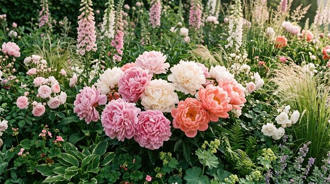 Close-up premium garden filled with enormous blush, cream and soft coral peonies surrounded by delicate roses, foxgloves and airy ornamental grasses, lush layered foliage