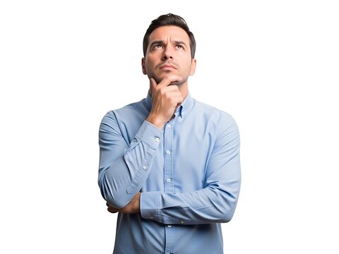 A contemplative man in a buttoned shirt looking upwards in deep thought