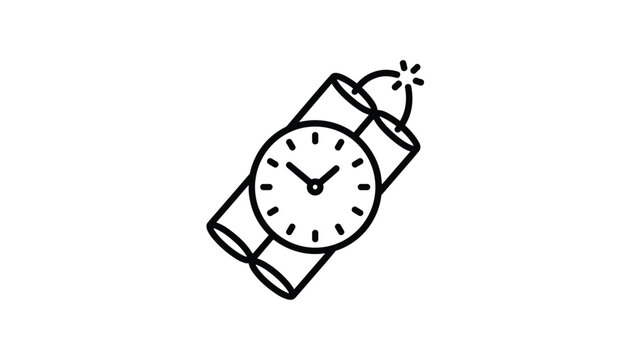 Line icon of dynamite bundle with a round clock timer on white background representation of bomb countdown.