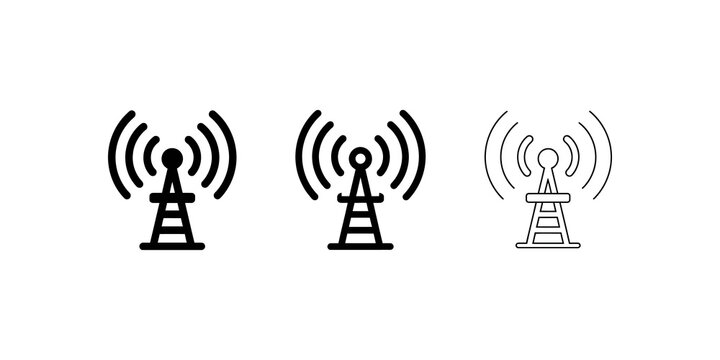 Wireless network signal transmitter tower icons black and line art sets.