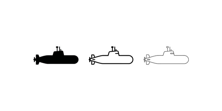 Military naval submarine vessel silhouettes black and line art icon set.