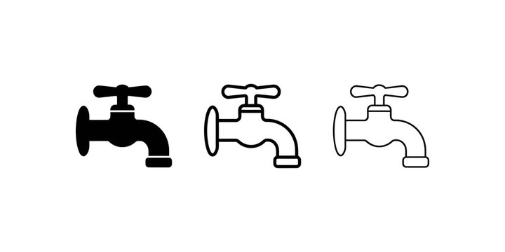Water faucet silhouettes and line art icons for plumbing industry themes.