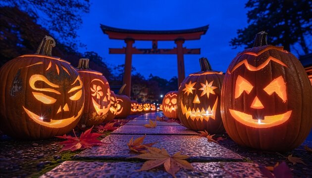 かぼちゃランタンと鳥居、和風ハロウィンの夕景　生成AI