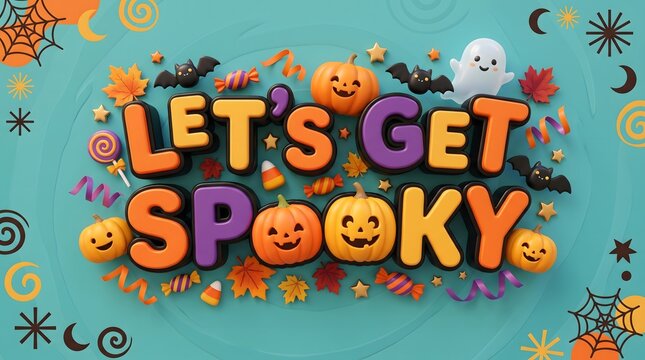 Colorful lets get spooky text design featuring cute pumpkins and festive halloween elements on blue background