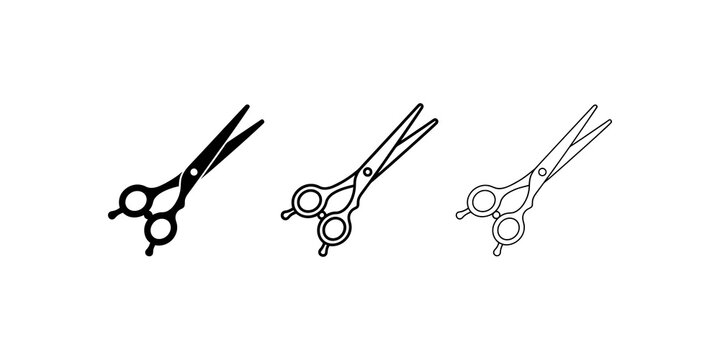 Barber shop hair cutting scissors tool icon set black outline silhouettes.