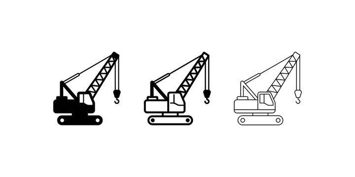 Construction crane lifting heavy equipment flat icon set for build site.