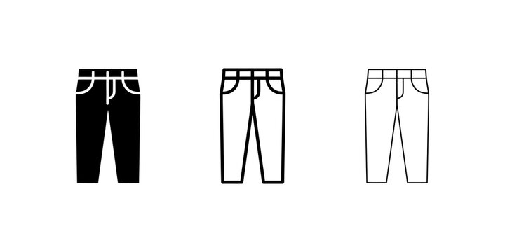 Pants garment icon set featuring black linear and solid vector designs.