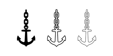 Ship anchor icon set with chain in black outline for marine symbols. ©  图像