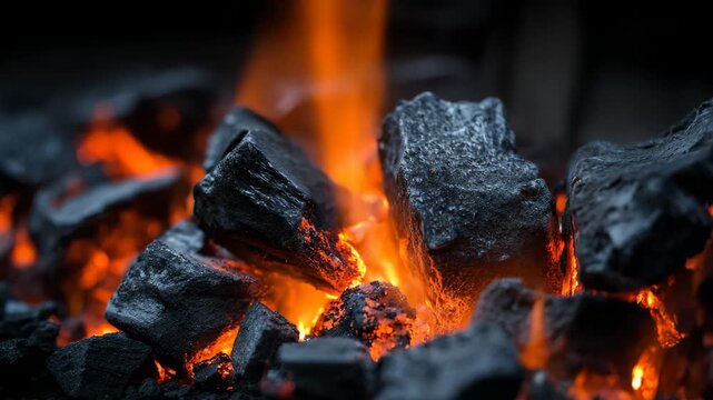 Coal burning in the dark, with glowing embers illuminating the surrounding shadows.