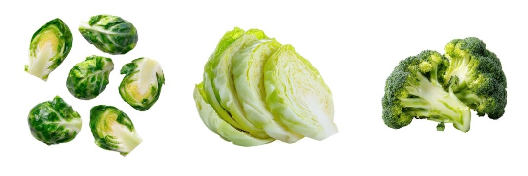 Fresh green vegetables Brussels sprouts cabbage broccoli set isolated on transparent background