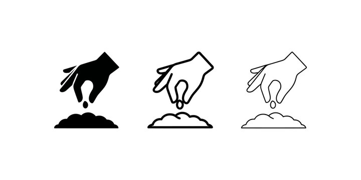 Gardener planting seed by hand icon set black white outline flat design.