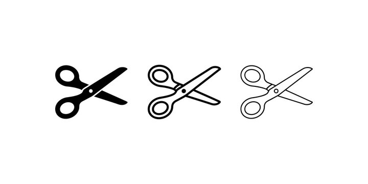 Tailor scissors cutting tool icon set black white outline flat graphic.