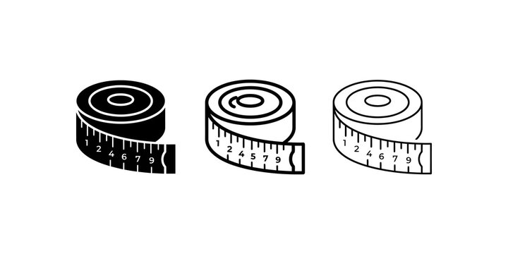 Measuring tape icon set in flat solid outline and thin line design.