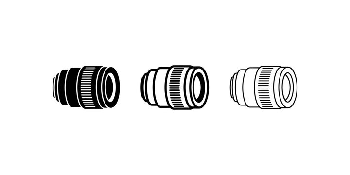 Camera zoom lens icon set black lines isolated on transparent background now.