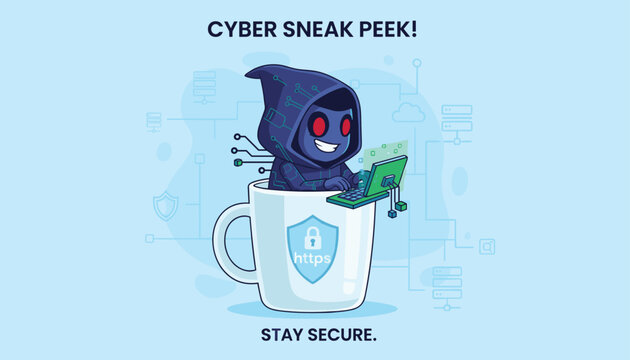 Cyber sneak peek cartoon with hacker in hood using laptop inside a coffee cup with secure https logo shield.