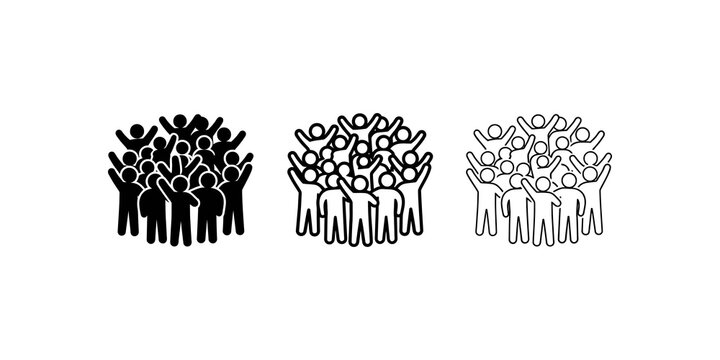 Crowd of people icons representing social group unity in black line style.