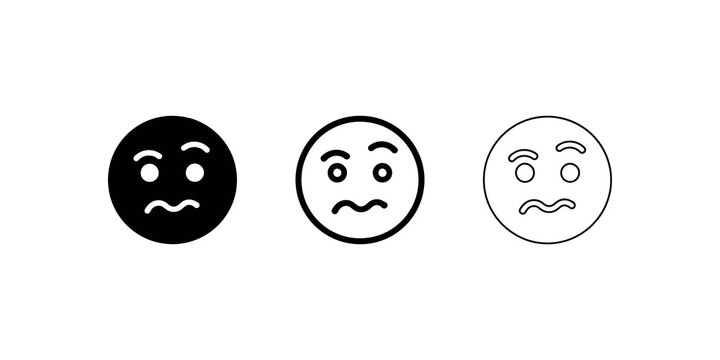 Confused emoji icon set black lines vector isolated on transparent background.