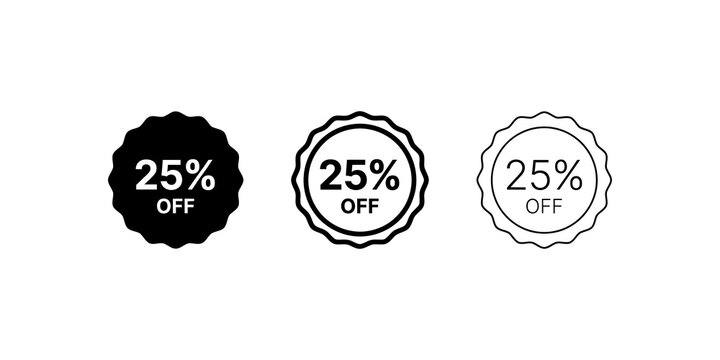 Sale badge icons set with twenty five percent off text in black aesthetic.